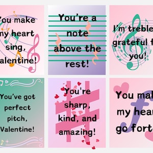 Puede incluir: Seis tarjetas de San Valentín coloridas con notas musicales y juegos de palabras. Las tarjetas dicen "¡Haces que mi corazón cante, Valentín!" "¡Eres una nota por encima del resto!" "¡Soy treble-y agradecido por ti!" "¡Tienes un tono perfecto, Valentín!" "¡Eres agudo, amable e increíble!" y "¡Haces que mi corazón vaya fuerte!"