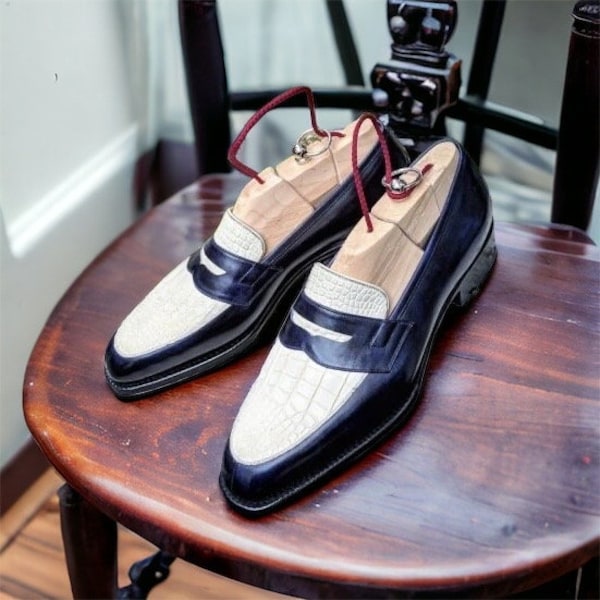 Men’s White Crocodile and Navy Blue Leather Slip-On Loafer with Moccasin-inspired Style.