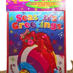 1990s Lisa Frank Holiday Puzzle Card: Bear on Ornament, New Old