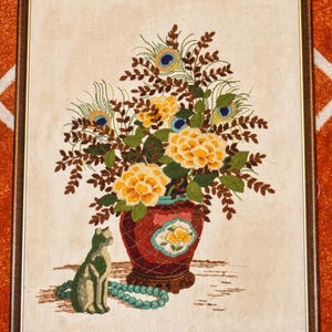 Framed Vintage Crewel - Peacock Feather Bouquet / Still Life Scene