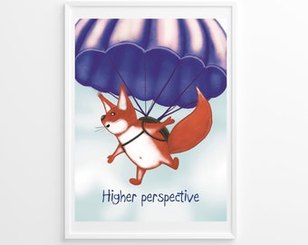 Squirrel the sky diver, parachute illustration, nursery digital wall art