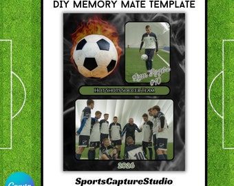 May include: DIY Memory Mate Template with a soccer player in a white jersey with black trim and a soccer ball on fire. The text reads "Liam Rogers #10 HOT SHOTS SOCCER TEAM 2026 SportsCaptureStudio".