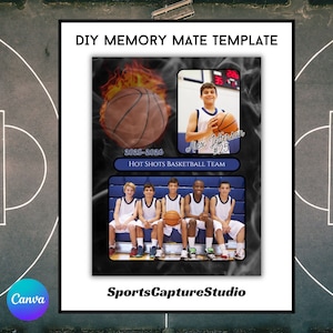 Pode incluir: Um modelo de cartão de memória de basquete com a foto, o nome e o número de um jogador de basquete. O modelo também inclui uma foto de equipe e o nome da equipe "Hot Shots Basketball Team".