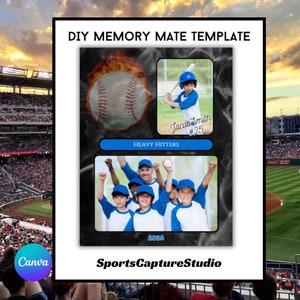 Puede incluir: Una plantilla de recuerdo de béisbol en blanco y negro con una pelota de béisbol, un niño con uniforme de béisbol y un grupo de niños con uniformes de béisbol. La plantilla tiene el texto "DIY MEMORY MATE TEMPLATE", "HEAVY HITTERS", "Jacob Smith #25" y "2026".