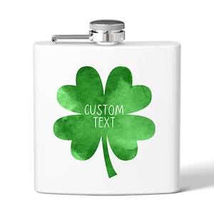 Custom Stainless Steel Flask Shamrock, Personalized Gift St. Patrick&#39;s Day, Birthday, Groomsmen, Camping, Tailgating, 4 Leaf Clover, Lucky
