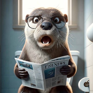 Lustiger Otter auf Toilette mit Zeitung Fishnews und Brille Tierposter WC Badezimmer Handy Hintergrund Wandkunst Poster zum Download