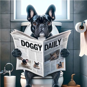 Funny French Bulldog on Toilet with Newspaper Mobile Funny Animal Poster WC Bathroom Mobile Wall Art Poster for Download