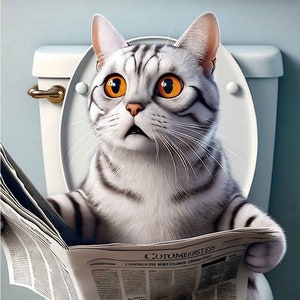 Funny cat on toilet, litter box, funny animals, animal cartoon, digital art mobile wall picture poster for download