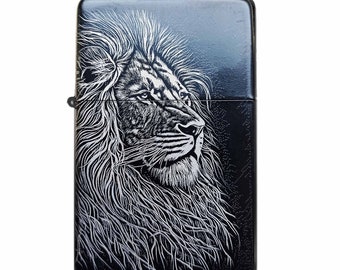 Lion Lighter with Custom Engraving - Detailed Line Art Lion Head - Personalized Gift