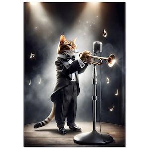 Elegante kat met trompet op het podium - Muziek, Animal Cartoon Orchestra Digitale kunst - Premium poster op mat papier