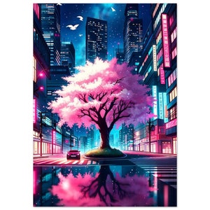 Night Neon City Glowing Sakura Tree Anime Neon City Digital Urban Art Mobile Wall Mural Poster for Download