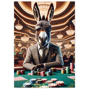 Poker Donk - Donkey Esel beim Poker Spiel - Digitale Kunst, pokern mit Tieren, lustige Tierposter Premium Poster auf mattem Papier