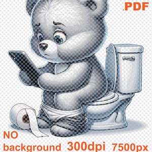 Linda pegatina de osito de peluche, osito en el baño con teléfono inteligente, SVG y PNG, calendario de álbumes de recortes de cuaderno, osito divertido en el baño