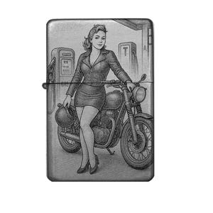 Motorcycle lighter with engraving vintage bike woman retro design personalized biker gift refillable flip-top lighter