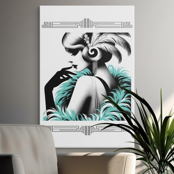 Art Deco flappergirl turquoise feather boa elegant AI Art living room office cell phone retro wall art poster for download