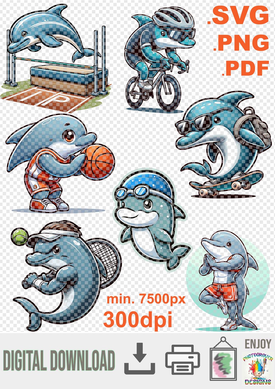 Dolphin Sports Clipart Bundle, Download Dolphin Clip Art Set 7 High ...