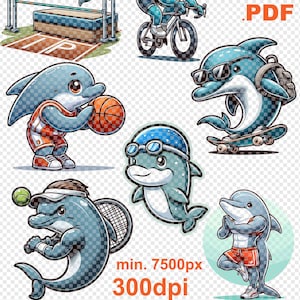 Delfin Sport-Clipart Bundle, Download Delfin Clip Art Set 7 hochwertigen SVGs PNGs, Delphine