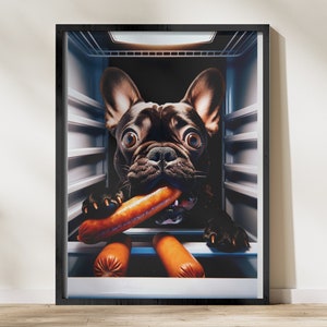 French Bulldog Snacking, Funny Dog on the Fridge Kitchen Dining Room Wall Mural Mobile Poster for Download