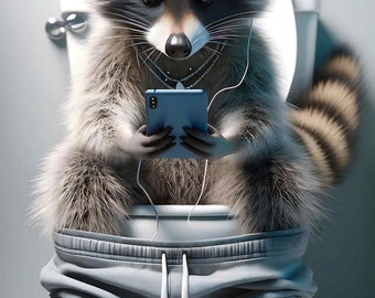 Raccoon with smartphone toilet mobile funny animals wall art poster toilet bathroom mobile wall picture poster for download