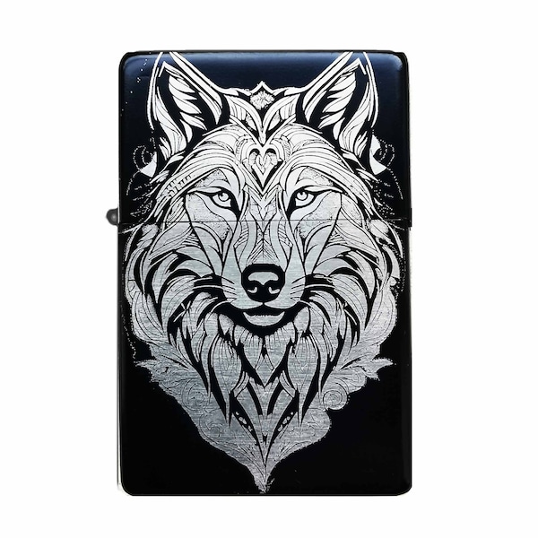 Wolf Feuerzeug Wolfkopf Tattoo Lineart Design Wolfsschädel Raubtier Sturmfeuerzeug optional mit Gravur personalisiertes Geschenk