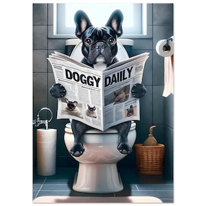 Buldog francuski na dekoracji toalety fototapeta do łazienki śmieszne zwierzęta psy kreskówka ścienna plakat premium na matowym papierze
