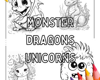 30x friendly monsters, dragons and unicorns to color in, coloring pages for children, printable coloring pages for your children's birthdays