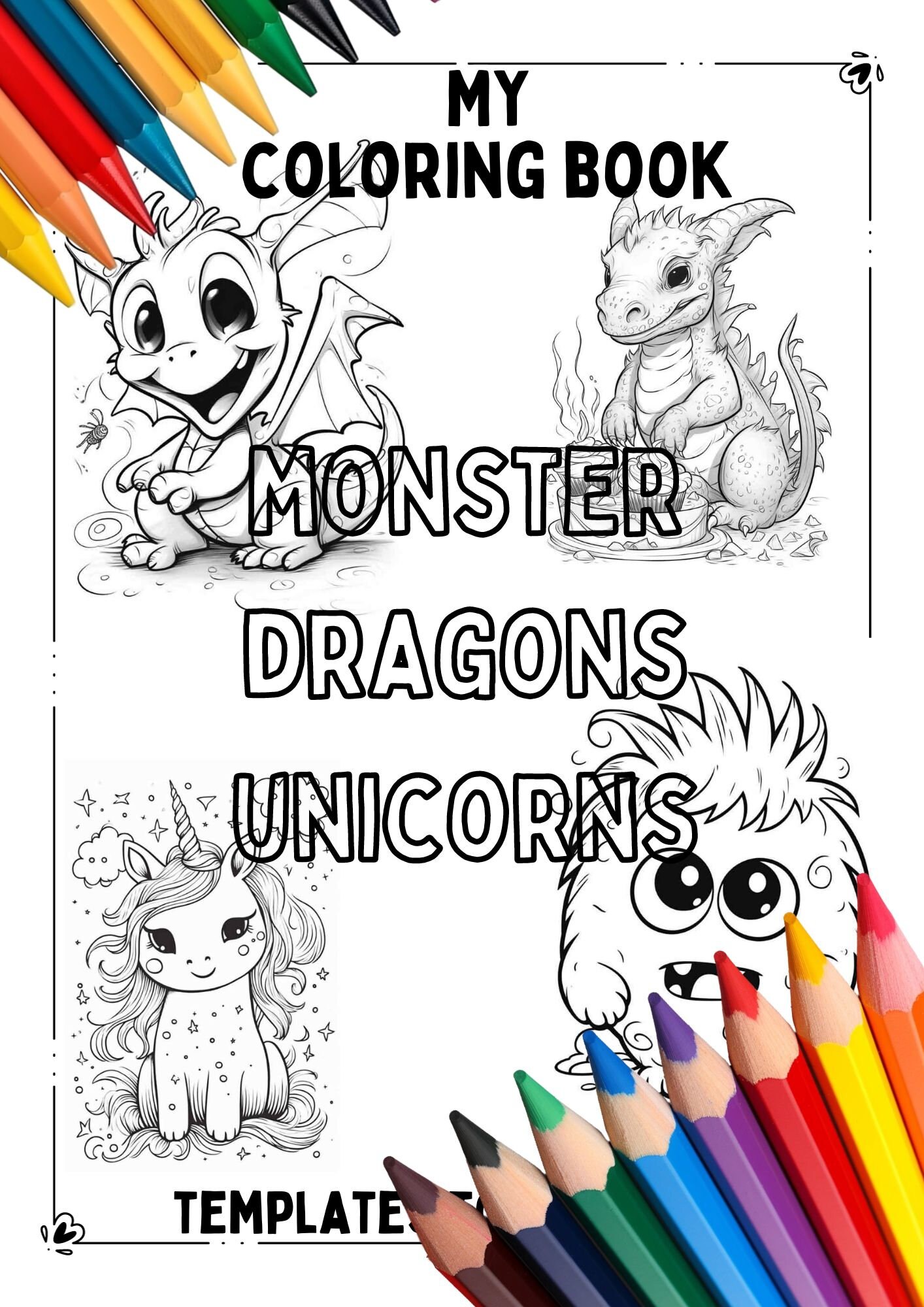 30x Monsters, Dragons, Unicorns Coloring Pages for Children, Printable Coloring Pages for Your Child's Birthdays
