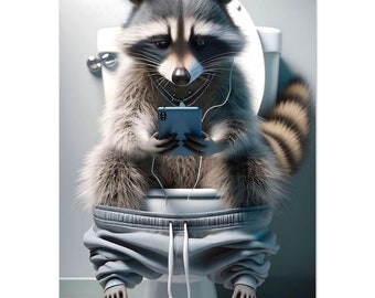 Raccoon with smartphone on toilet with cell phone - funny animals - funny animal pictures - digital art - premium poster on matte paper