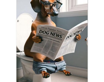 Funny dachshund on the toilet with dog newspaper - dog toilet, dog cartoon - funny animal pictures - digital art - premium poster