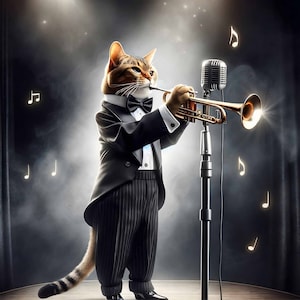 Funny cat with trumpet music poster music room decoration funny animal pictures digital wall art mural for instant download