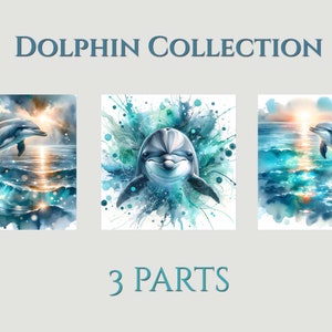 3-piece dolphin watercolor poster set | Dolphins in the sea | Ocean pictures. Combinable dolphin wall art for download.