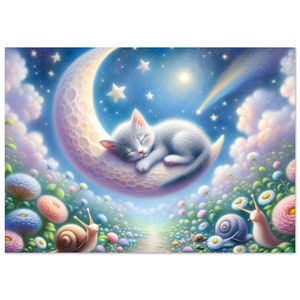 Traumhafte Katze auf Mond Poster, Sternenhimmel Kunst, Märchenlandschaft, Kinderzimmer Deko, Schlafendes Kätzchen Bild Poster