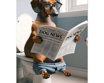 Funny dachshund on toilet decoration bathroom mural funny animals cartoon wall art premium poster on matte paper