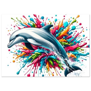 Dolphin - Dynamic dolphin poster with vibrant color splash motif - Digital art - Premium poster matte paper