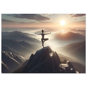 Sunset Yoga on Mountain Peak - Inspirational Landscape Poster for Meditation and Relaxation Affirmation Mindset Poster Wall Art