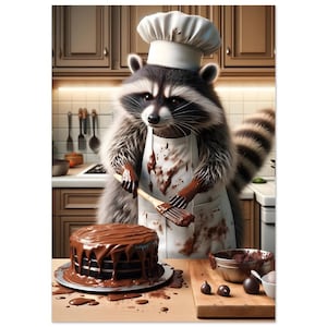 Baking Raccoon Poster, Kitchen Decoration, Creative Animal Design, Pastry Chef Raccoon - Premium Poster on Matte Paper