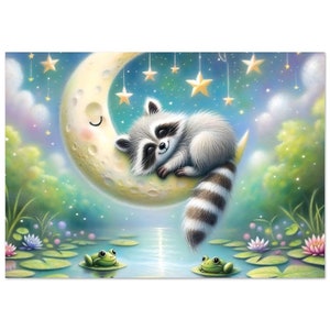 Waschbär-Mond Poster, Sternenhimmel Kunst, Kinderschlafzimmer Dekoration, Zauberhafte Nachtlandschaft Poster Wandbild