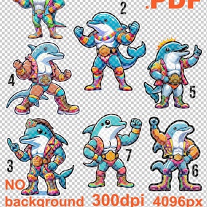 Dolfijn als worstelaar sport clip art set - direct downloaden, 7 hoogwaardige WWE PNG's, worstelende dolfijn cliparts .png .pdf