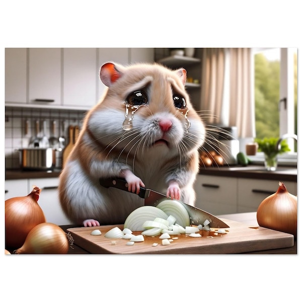 Tränendes Hamster Poster, Küchendeko, Zwiebel Schneiden, Emotionaler Tierdruck Wandbild