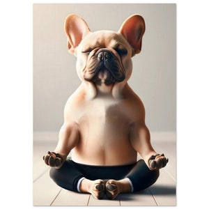 Joga Buldog francuski Medytacja Dekoracja Pokój relaksacyjny Obraz ścienny Śmieszne zwierzęta Psy Kreskówka Wall Art Premium Plakat na matowym papierze