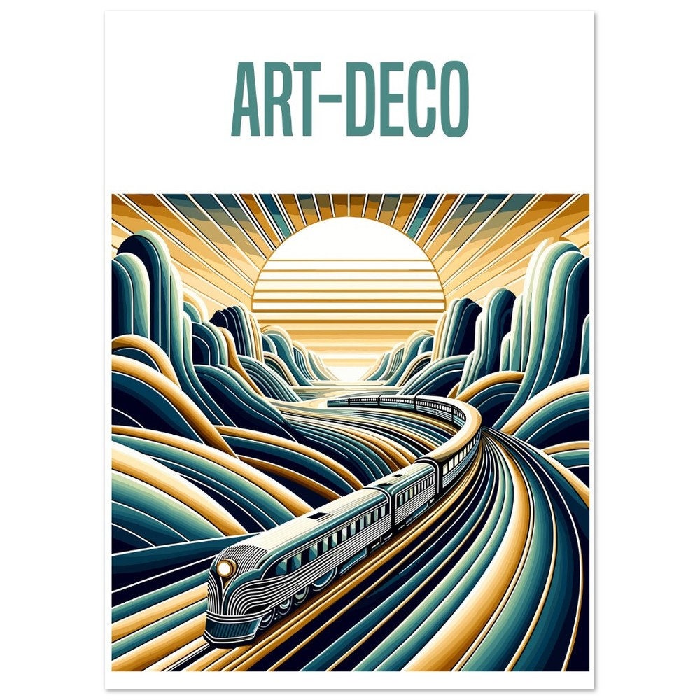 Art Deco Train Landscape, Blue Gold Abstract Illustration, Art