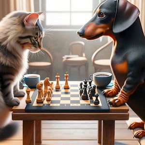 Dog and cat playing chess, chess with animals, dachshund and cat funny animal pictures digital wall art for instant download