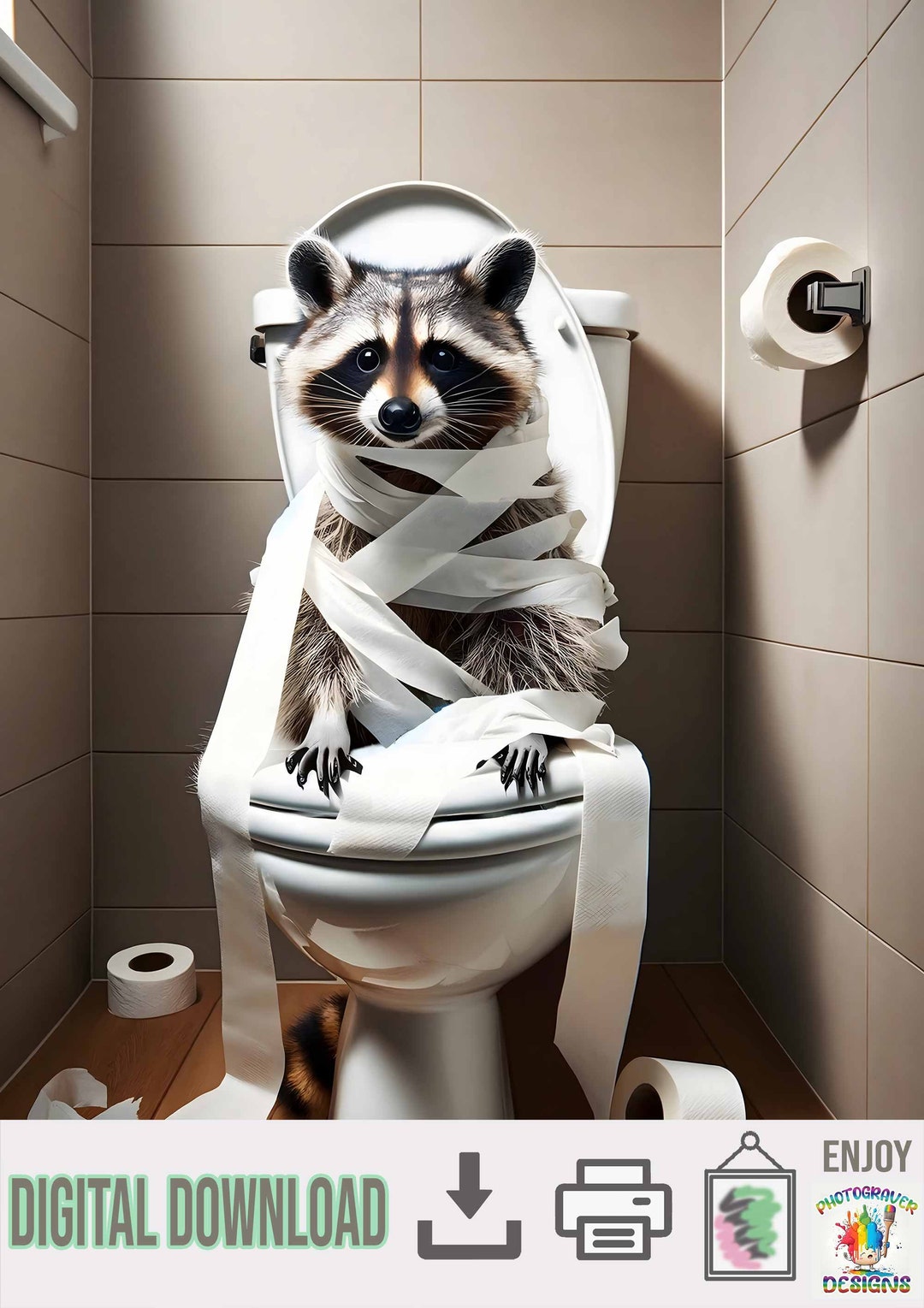 Funny Raccoon on Toilet With Toilet Paper Chaos Funny Animal Poster WC ...