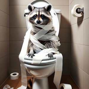 Lustiger Waschbär auf Toilette mit Klopapier Chaos lustige Tierposter WC Badezimmer Handy Wandbild Poster zum Download