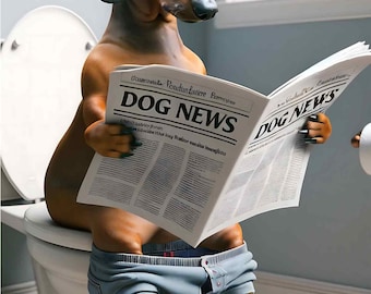 Funny dachshund on toilet with newspaper mobile funny animal poster WC bathroom mobile wall picture poster for download