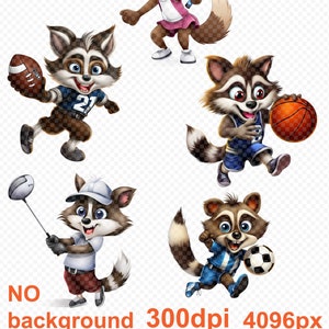 Waschbär Sport Sticker Set, Download Sticker, 5 hochwertige PNGs, Football Basketball Golf Tennis Soccer