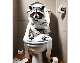 Funny raccoon on toilet with toilet paper - animal toilet, animal cartoon - funny animal pictures - digital art - premium poster
