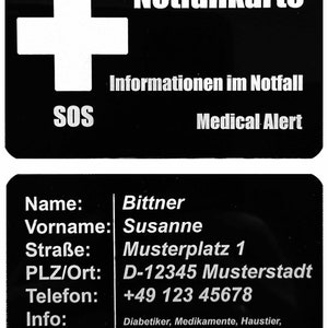 Notfallkarte ALU Visitenkarte SOS personalisierte Notfallinformation Kontaktdaten Hilfe im Notfall für Brieftasche oder Handyhülle