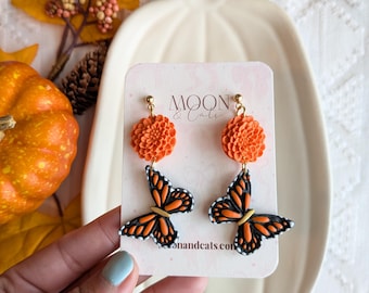 Mexican dia de los muertos clay earrings| Monarcas & Cempasuchil | Día de muertos earrings