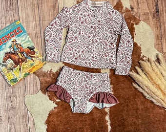 Pretty Paisley Long Sleeve Side Ruffle Swimsuit